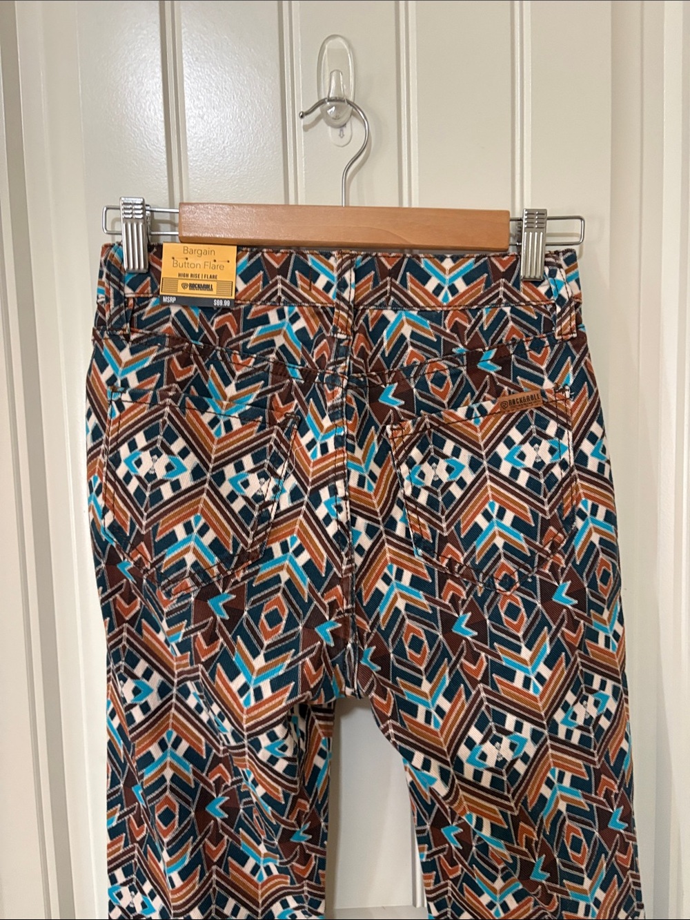NWT Rock&Roll Denim Flare Geometric Print Pants - Teal & Brown - Picture 8 of 9